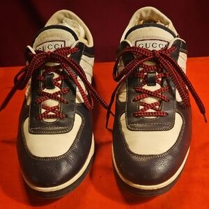 Gucci Navy Blue and Cream Men's Sneakers with Red Laces